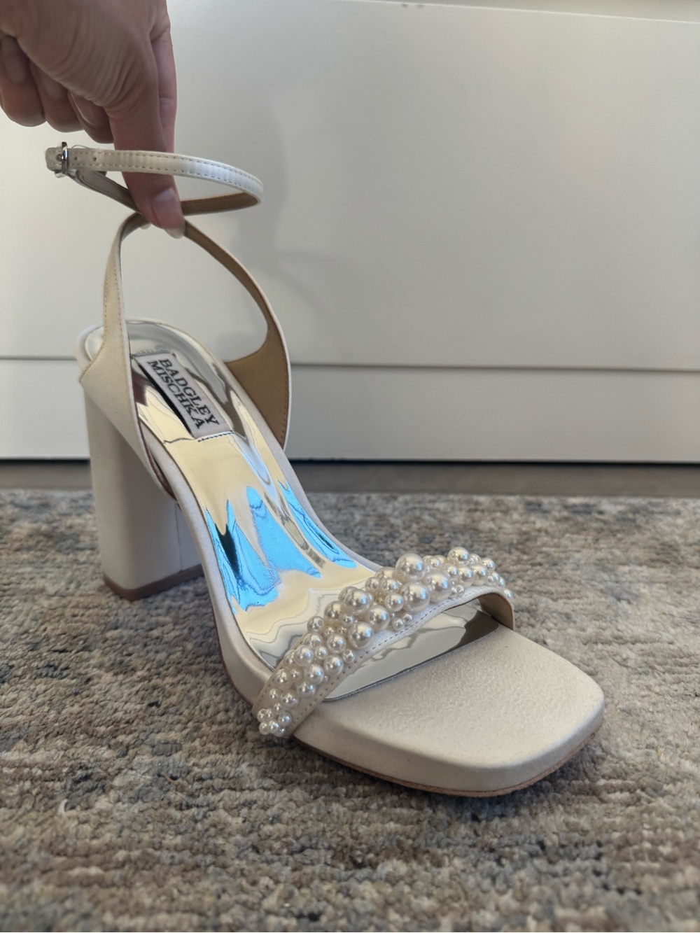 Badgley Mischka Pearl-Strap Ivory Block Heel Sandals